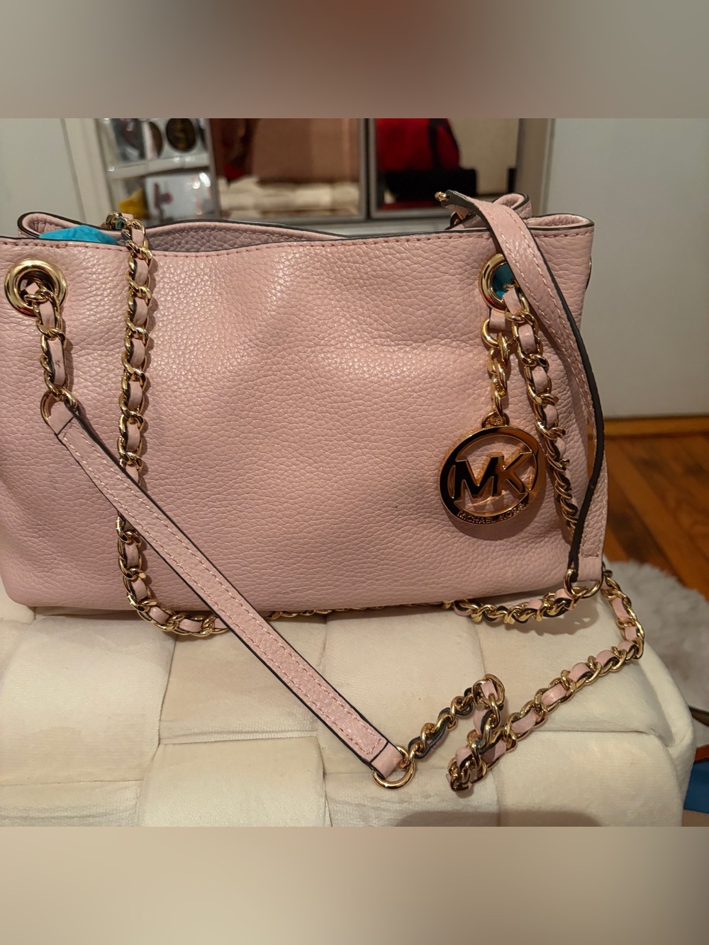 Michael Kors Blush Pink Pebbled Leather Shoulder Bag with Gold Chain